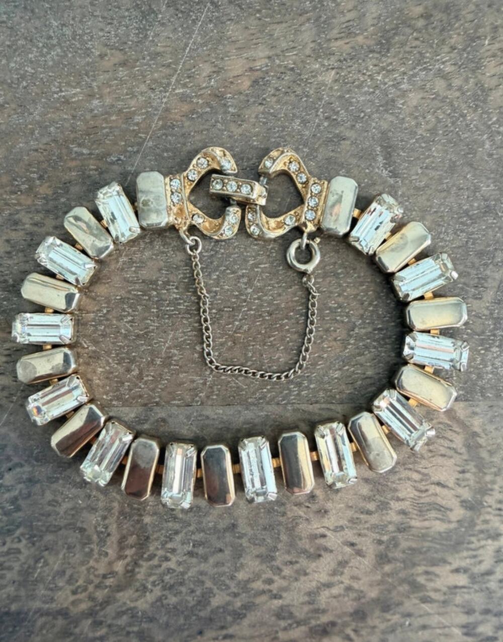 Vintage Mixed Metal Clear Rhinestone Art Deco Statement Bracelet
